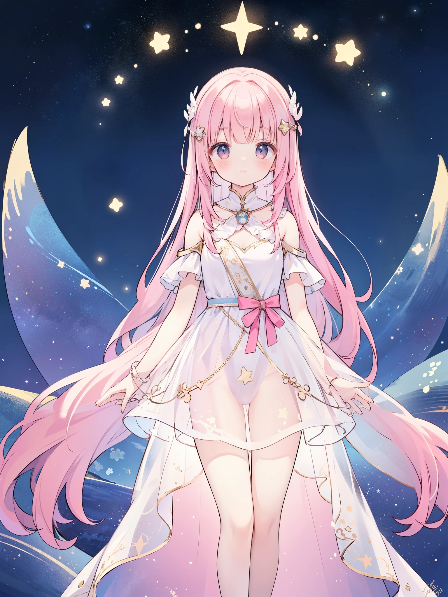 complex background, wishing star background, a woman wearing an ethereal mystical pink translucent dress that reflects the stars, dreamy, peaceful, serene composition, glowing stars, glowing, mystic, complex drawing, highly detailed, ethereal, starry night, midjourney style