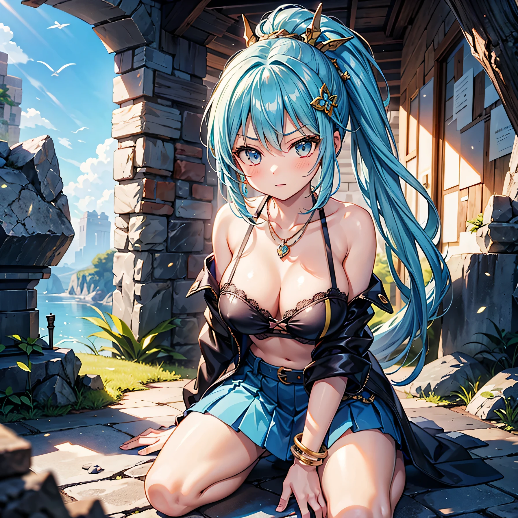 Anime Moe Art Style,Highest quality,High resolution,Anatomically correct,One Girl,Mid-s,A girl with light blue hair in a ponytail,Super detailed,Fantasy World,Off-the-shoulder tops,mini skirt,Big Breasts,Shiny skin,Beautiful Skin,A rich expression,Serious expression,cave,Hide in the shadows and be on guard,One kneeling position,Hold the dagger,Eyes drawn in detail,hair ornaments,necklace,bracelet,8K
