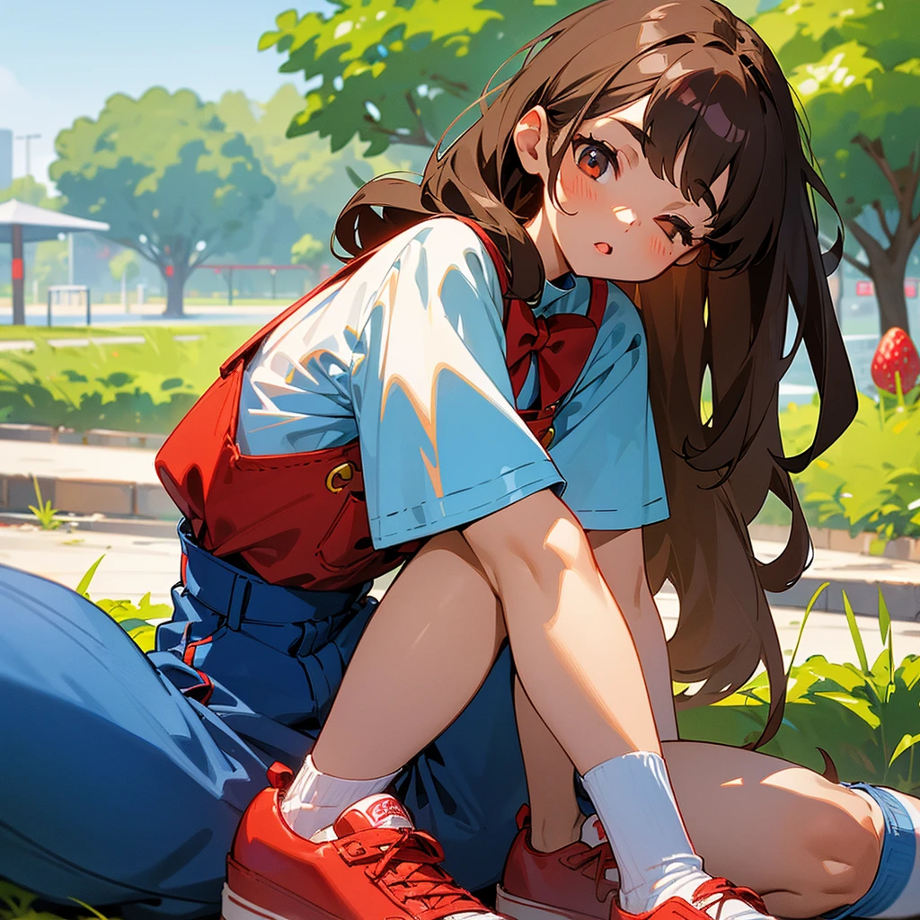 Light-skinned girl with long brown hair, fringe and a red bow on the back of her head, wearing blue dungarees with a white short-sleeved T-shirt with blue shorts and knee-high socks, eyes closed, red shoes in the background on a park with white elbow-length sleeves sitting with strawberry pins on her. Pelo