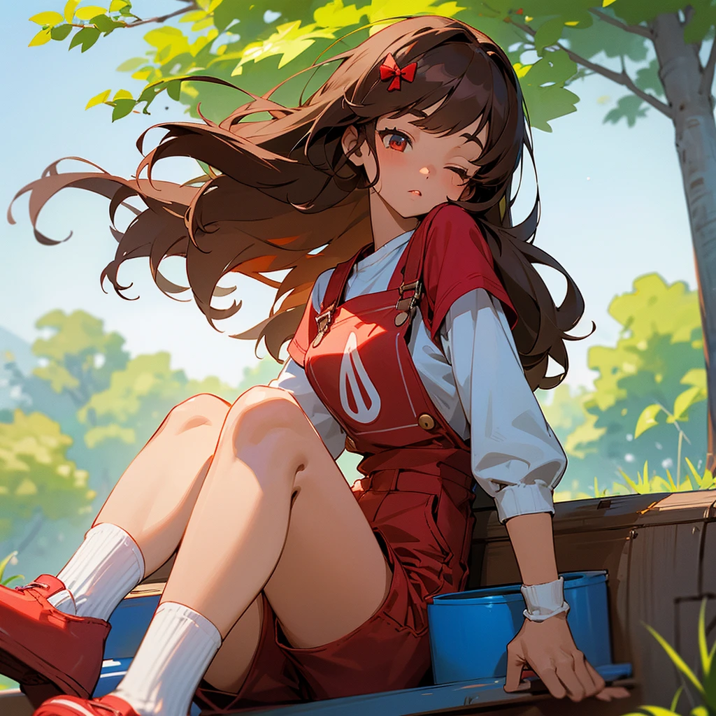 Light-skinned girl with long brown hair, fringe and a red bow on the back of her head, wearing blue dungarees with a white short-sleeved T-shirt with blue shorts and knee-high socks, eyes closed, red shoes in the background on a park with white elbow-length sleeves sitting with strawberry pins on her. Pelo