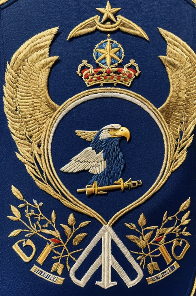 Necesito un escudo de armas para una unidad militar de drones, where blue prevails, con 14 laureles (7 a cada lado), an eagle and a star. Que tenga escrito "UNMANNED VEHICLE UNIT", that is practical to be able to recreate it in embroidery and patches.