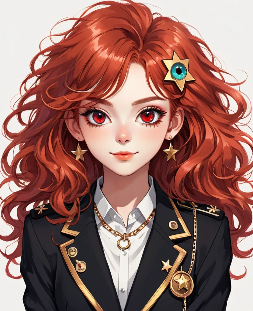 (Digital Illustration,Detailed anime style girl portrait,Solitary,symmetry),(Big colorful eyes,Fashionable and exquisite facial features,Exquisite makeup,Sweet smile,Star symbol mark on cheek,Soulful gaze,),(Red fluffy hair,Hairpin),(Black suit,Epaulettes-Chain,cool,),Clean and simple white background,(((Correct human anatomy)))