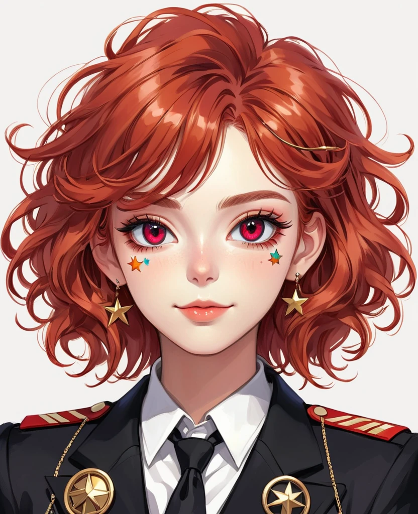 (Digital Illustration,Detailed anime style girl portrait,Solitary,symmetry),(Big colorful eyes,Fashionable and exquisite facial features,Exquisite makeup,Sweet smile,Star symbol mark on cheek,Soulful gaze,),(Red fluffy hair,Hairpin),(Black suit,Epaulettes-Chain,cool,),Clean and simple white background,(((Correct human anatomy)))