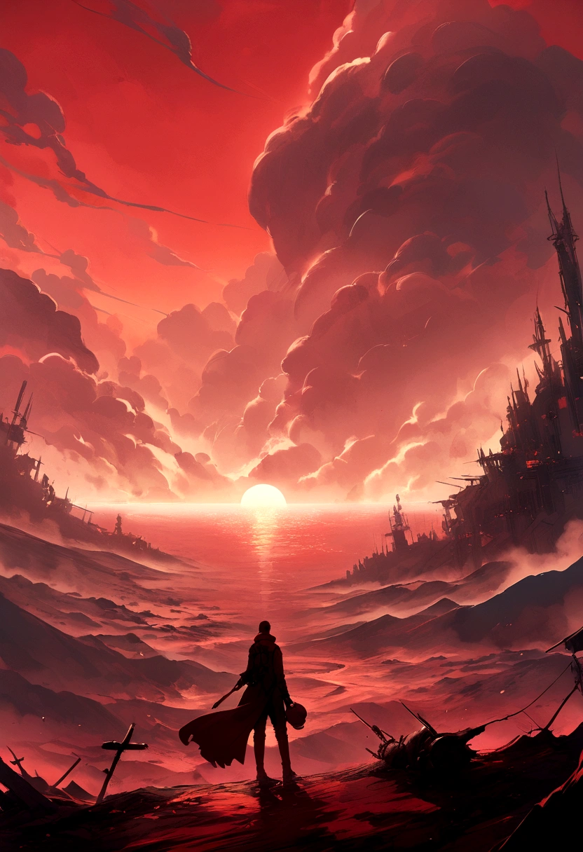 Idea of a futuristic world, end of the world, red sky, smoke,