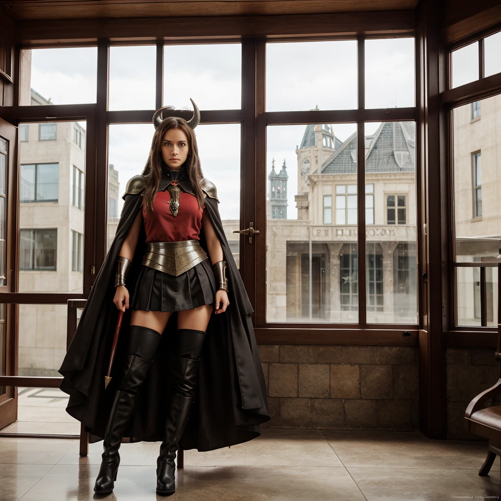 black horn, armor, library, red eyes, horn, cape, skirt, long boots, brown hair, window, mad, frown