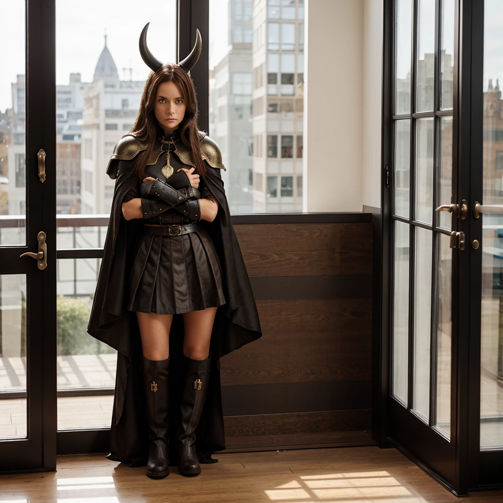 black horn, armor, library, red eyes, horn, cape, skirt, long boots, brown hair, window, mad, frown