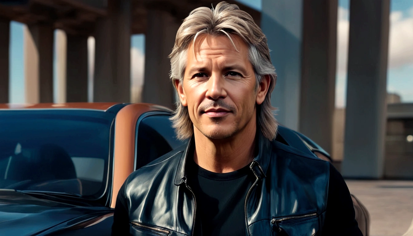 a young man called lineker, 50 years old, he has a face similar to Jon Bom Jovi, he has light hair, brown eyes, black blouse, black pants, black sneakers, he is sitting on his sofa