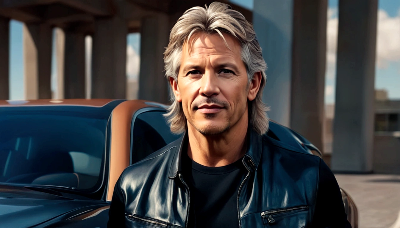 a young man called lineker, 50 years old, he has a face similar to Jon Bom Jovi, he has light hair, brown eyes, black blouse, black pants, black sneakers, he is sitting on his sofa