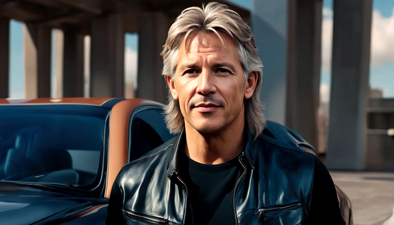 a young man called lineker, 50 years old, he has a face similar to Jon Bom Jovi, he has light hair, brown eyes, black blouse, black pants, black sneakers, he is sitting on his sofa