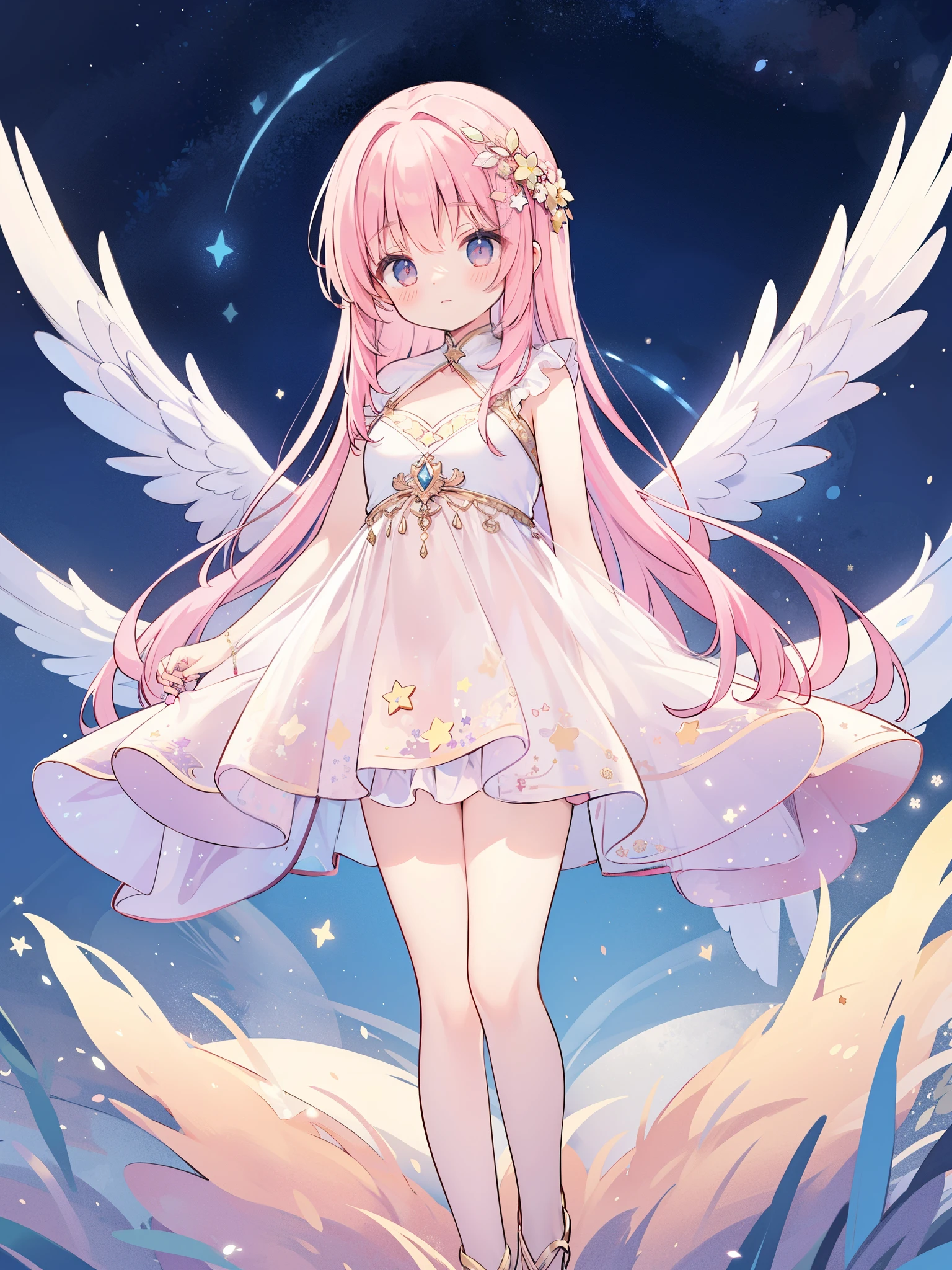 complex background, wishing star background, a woman wearing an ethereal mystical pink translucent dress that reflects the stars, dreamy, peaceful, serene composition, glowing stars, glowing, mystic, complex drawing, highly detailed, ethereal, starry night, midjourney style