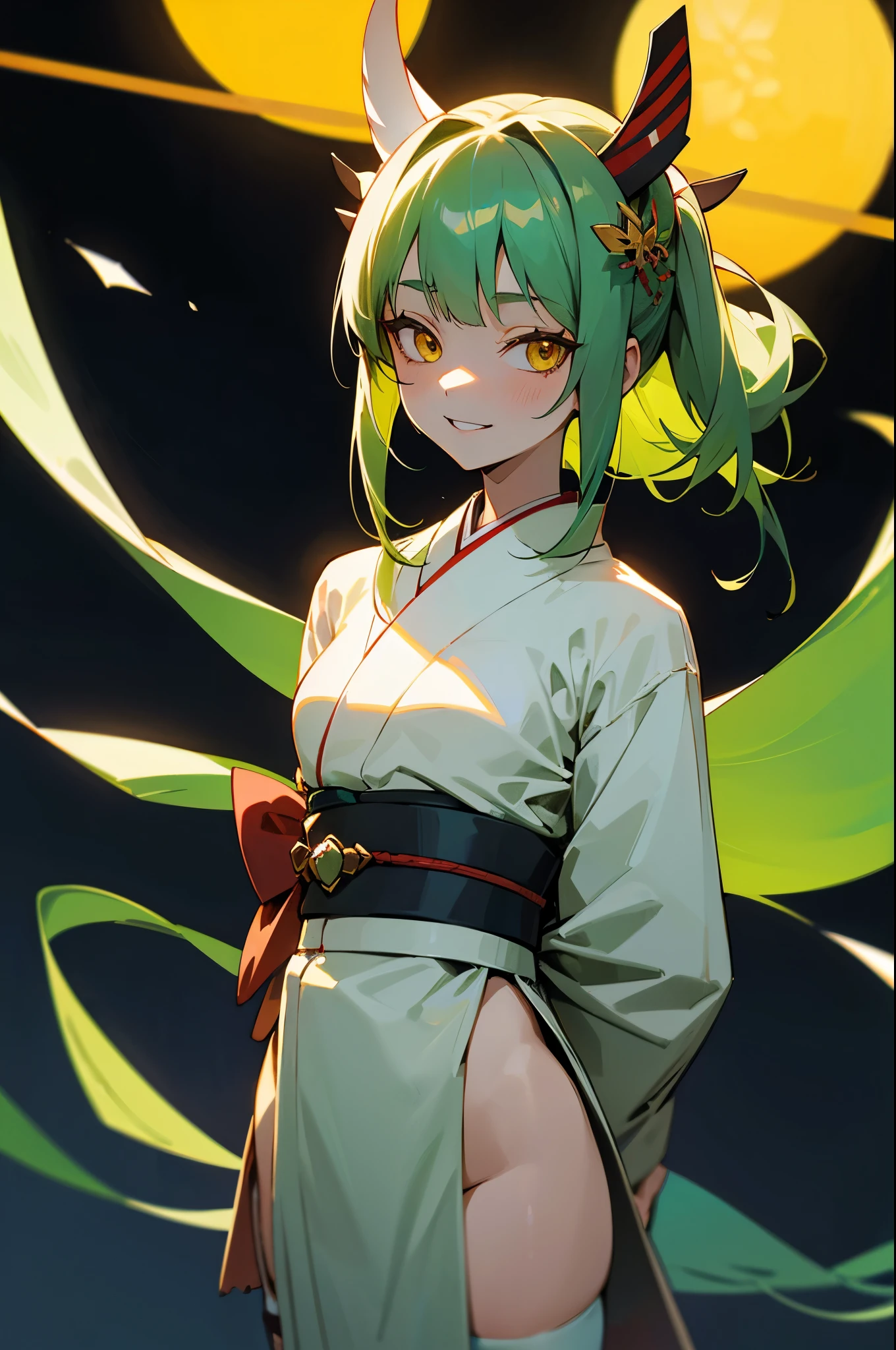1girl, solo, ((aakiyo)), long hair, green hair, white horns, hair ornament, yellow eyes, wearing a kimono, blue_kimono, pelvic_curtain, white thighhighs, smile, evil_smile, smirk, disgusted, constricted_pupils, yandere, parted lips, mysterious, shaded face, looking at viewer, upper body, standing, (arms behind back), simple background, black background, masterpiece, best quality