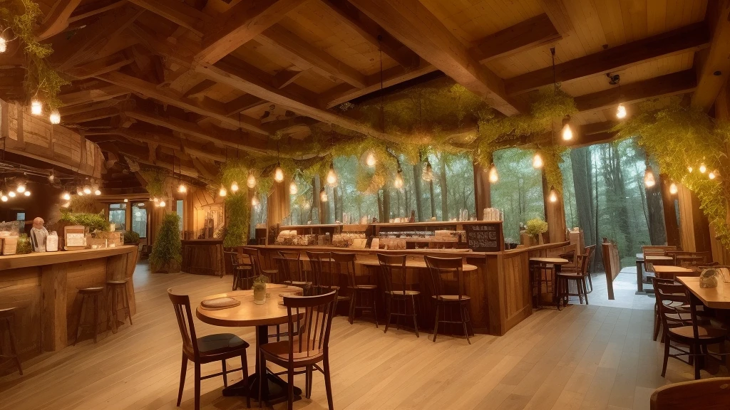 dark forest cafe, cozy interior, warm lighting, wooden furniture, rustic decor, lush greenery, nature-inspired, atmospheric, moody, inviting, customers enjoying coffee and desserts, barista preparing drinks, detailed scene