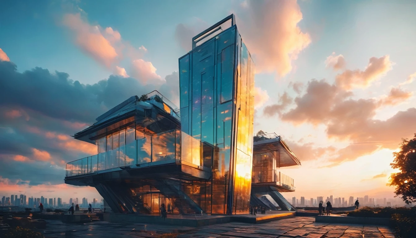Describe a futuristic tower that rises imposingly through a dense layer of clouds, reaching dizzying heights as the sun sets in the background. The warm glow of the setting sun contrasts with the cool tones of the clouds and the elegant, metallic surface of the structure. Explore the emotions evoked by this futuristic scene and the symbolism of the tower as a beacon of progress and innovation in a new civilization.”hyper realistic composition,32k resolution,cinematic composition,cinematic color grading.photography whit Phaseone 85mm,depth of field.
