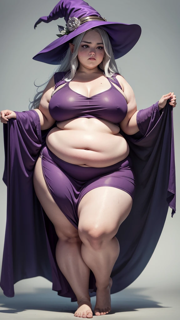 elf, young, witch, silver hair, red eyes, pale skin, tired expression, purple robes, sleeveless robes, witch hat, morbidly obese, extremely obese, fat arms, flabby arms, fat legs, fat face, fat belly, overhanging belly, flabby cheeks, quadruple chin, wide hips, huge belly, sweaty, slob, trouble waddling, exposed arms, exposed legs, exposed belly, full body, standing front view