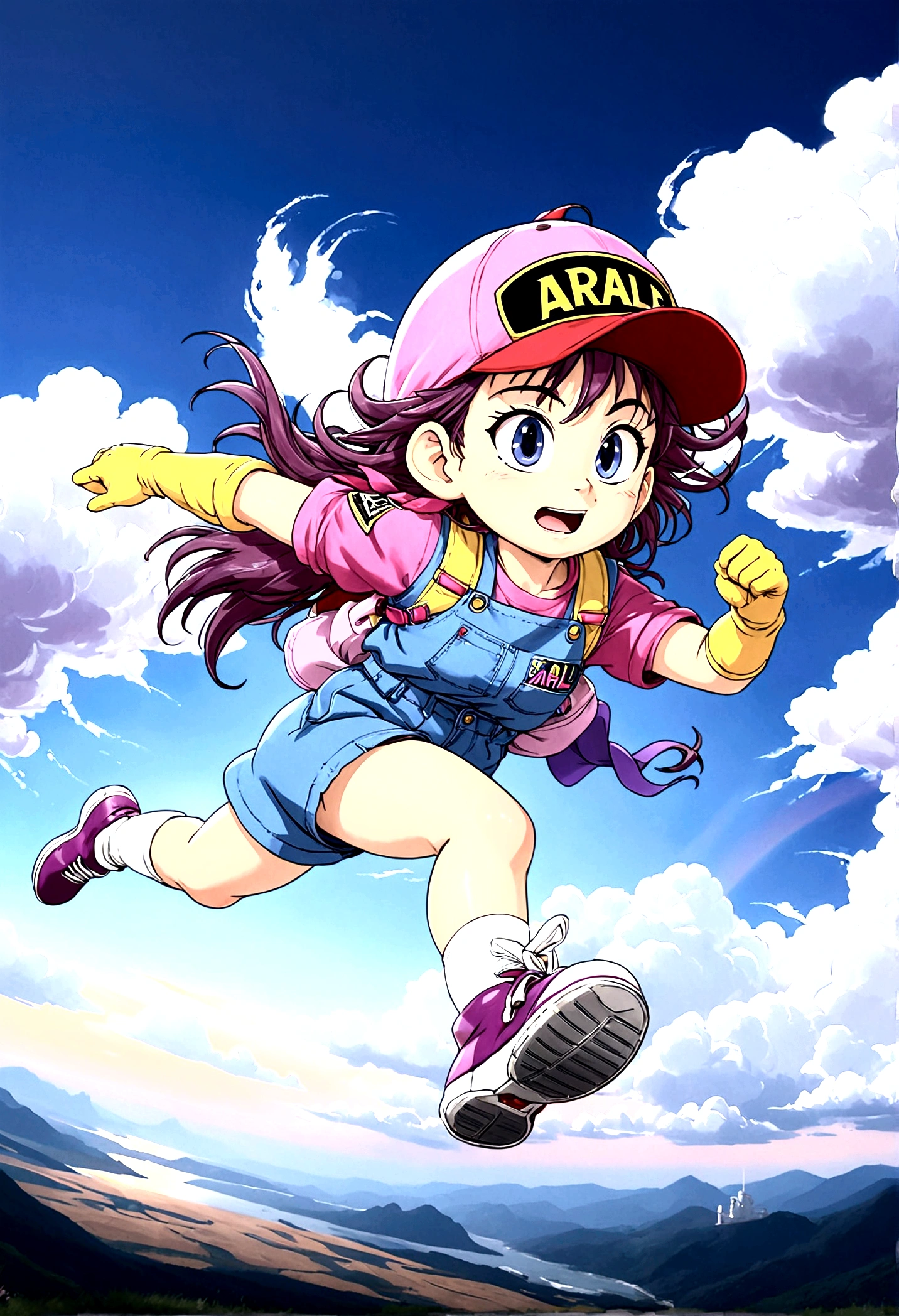 Girl running in the sky、Beautiful and detailed eyes、Beautiful and detailed lips、Extremely detailed eyes and face、Long eyelashes、Graceful pose、Dynamic Action、Clouds in the background、Shining Light、Warm tones、Bright colors、Cinematic lighting、Digital Art、Concept Art、8k、masterpiece、Photorealistic、Real Sora o hashiru shō