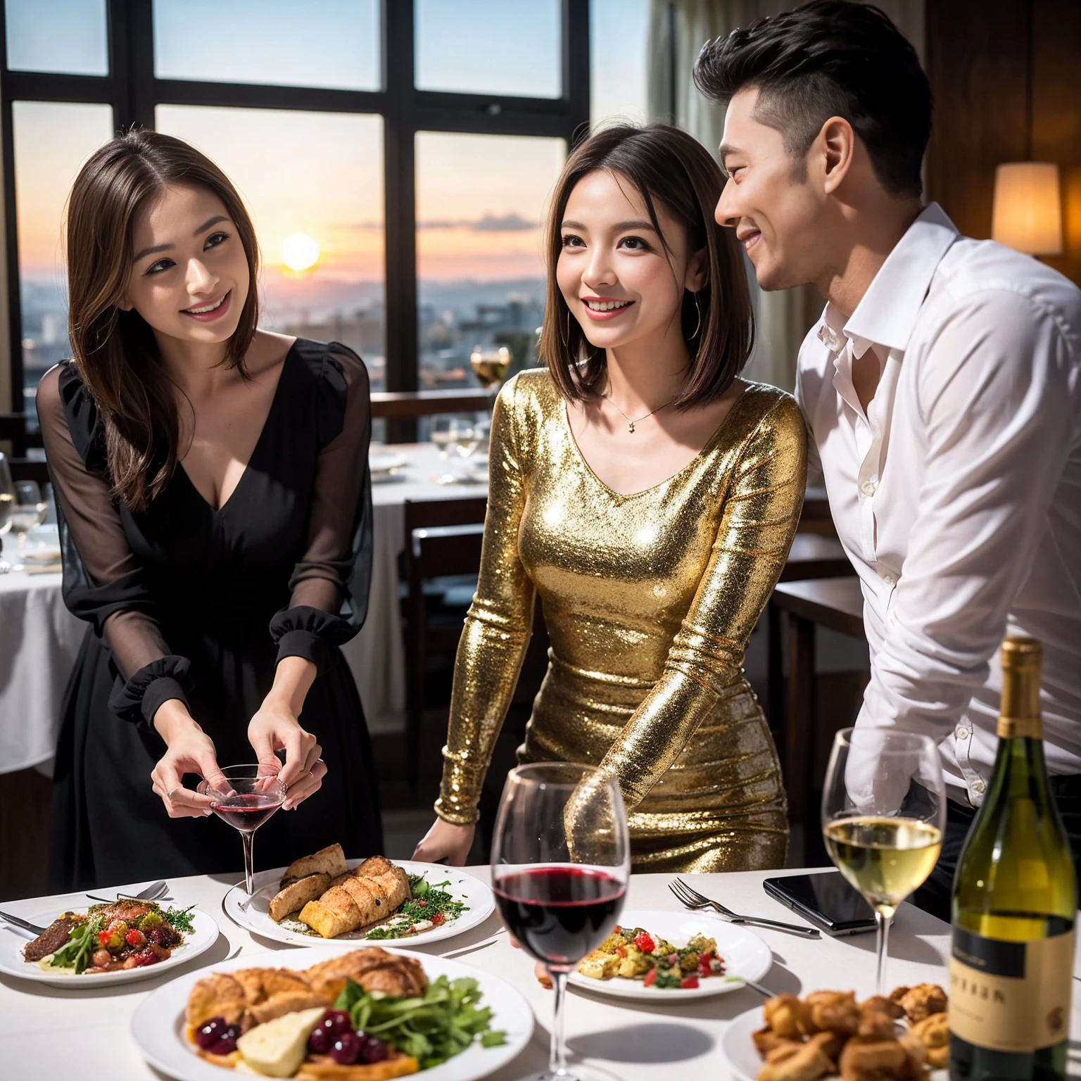 ((Highest quality、8k、masterpiece:1.3))、 (Genuineistic, Genuine、Bright image、Intricate details:1.2), Best smile 1 man 1 woman、Beautiful Couple、Lovers、Relatives and friends、actress couple、couple、Model Couple、Smile、A full-course dinner with a full table、テーブルにwine glass、 (Slim face), (The body is slim), (Brown Hair), (short hair), Please shine a light on my face、 Amazing view of the sunset sky and clouds、 (Age 40), 38 years old, red wine 、Appetizers、Wine bottle、sparkling wine、Long sleeve shirt、dress、White wine, red wine, wine glass, 