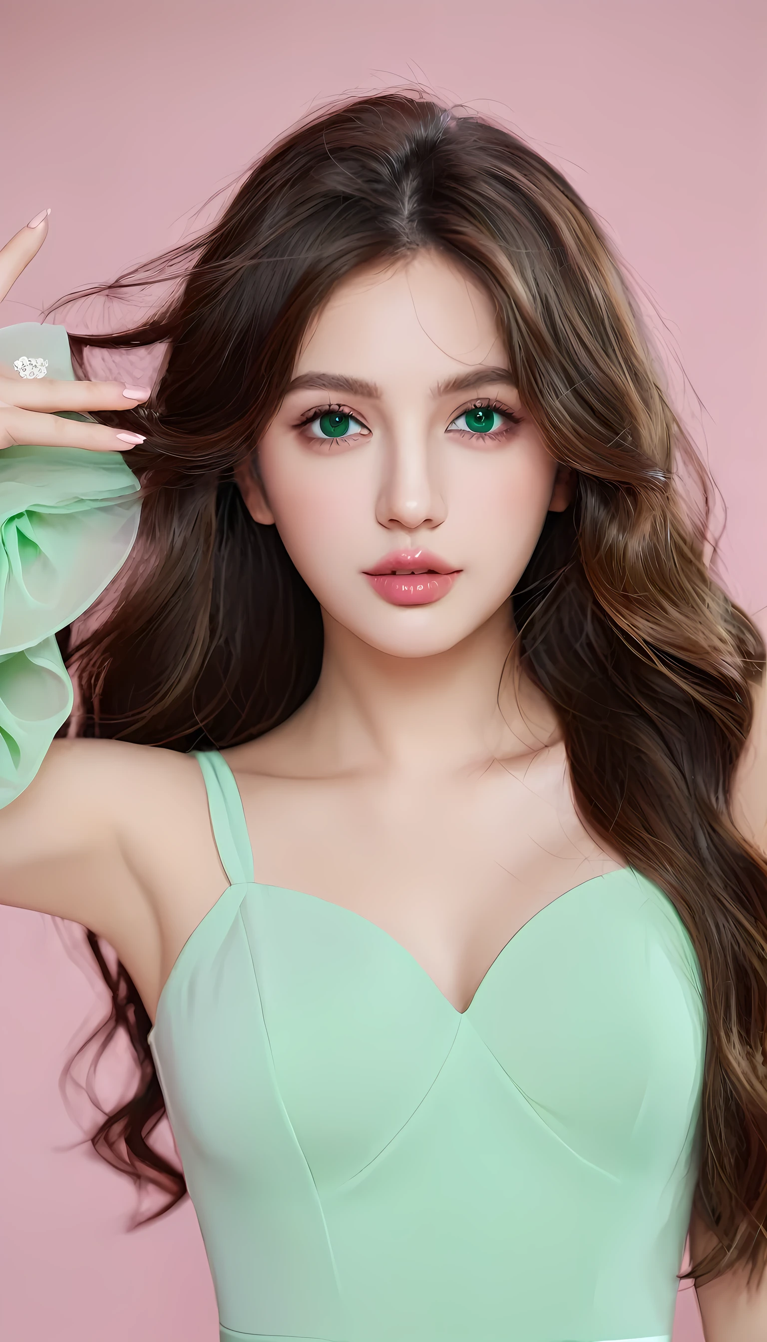 Long wavy hair, Brown hair, 1 Girl, Emerald eyes, Wave with two fingers, Pink lips, Light green dress,
