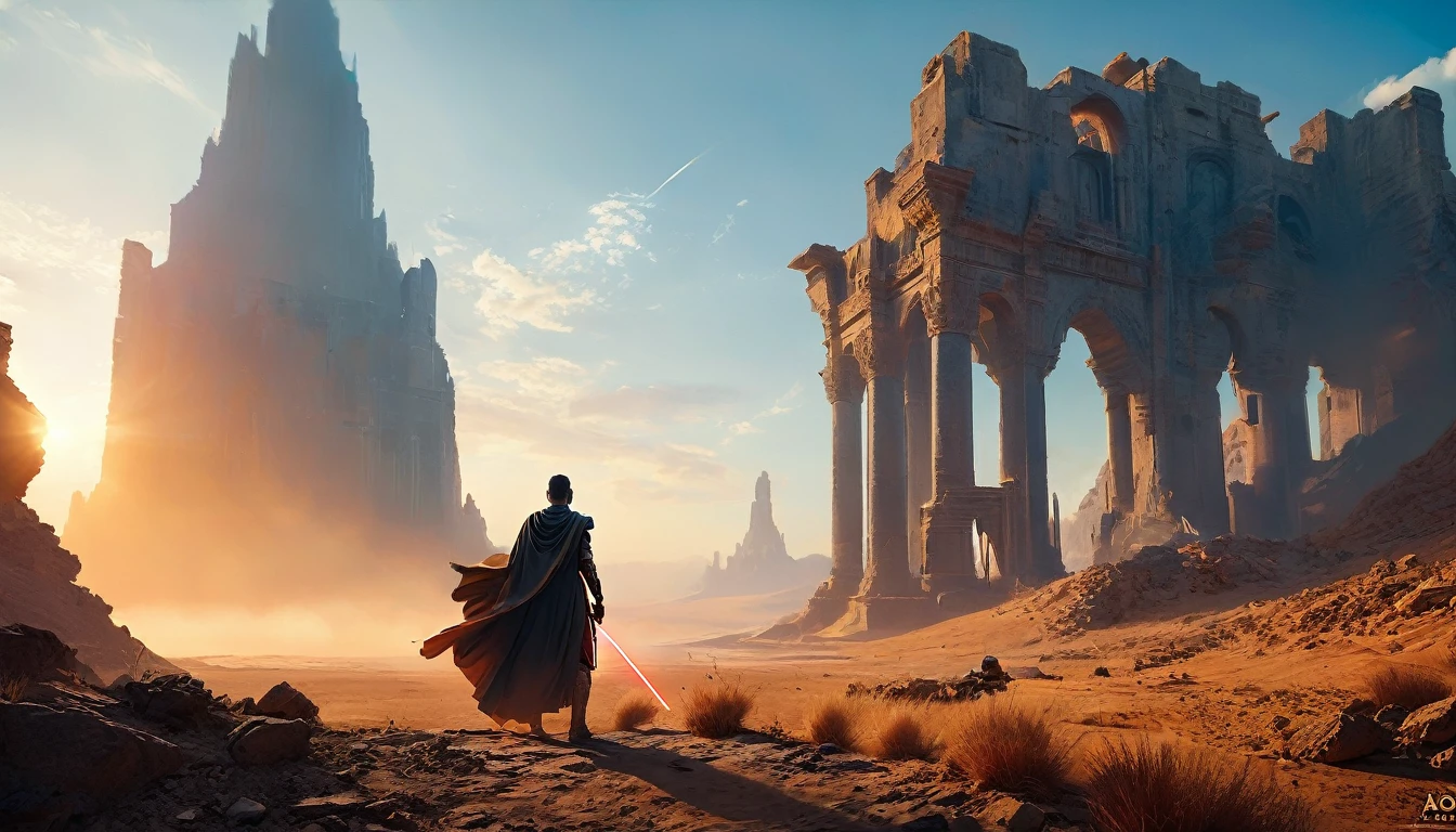 View a vast desert landscape bathed in golden twilight, evoking the iconic Star Wars look. No centro da cena, a Jedi in a flowing cape stands silhouetted against the orange sky, your glowing blue lightsaber in your hand, pronto para enfrentar qualquer desafio. The ruins of an ancient civilization rise majestically in the background, and the remains of a fallen AT-AT adorn the landscape. The atmosphere is charged with expectation, as if an epic battle was about to begin.hyper realistic composition,32k resolution,cinematic composition,cinematic color grading.photography whit Phaseone 85mm,depth of field.