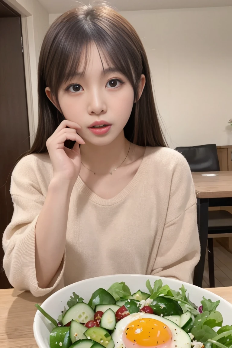 1 girl、Korean Idol、21 years old、Woman eating salad、salad、Tomato oil egg、cucumber、Ultra-high resolution、