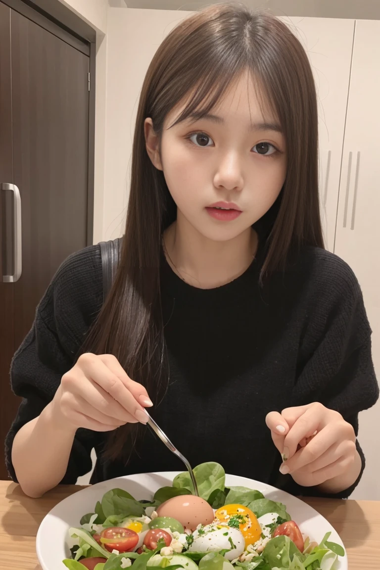 1 girl、Korean Idol、21 years old、Woman eating salad、salad、Tomato oil egg、cucumber、Ultra-high resolution、