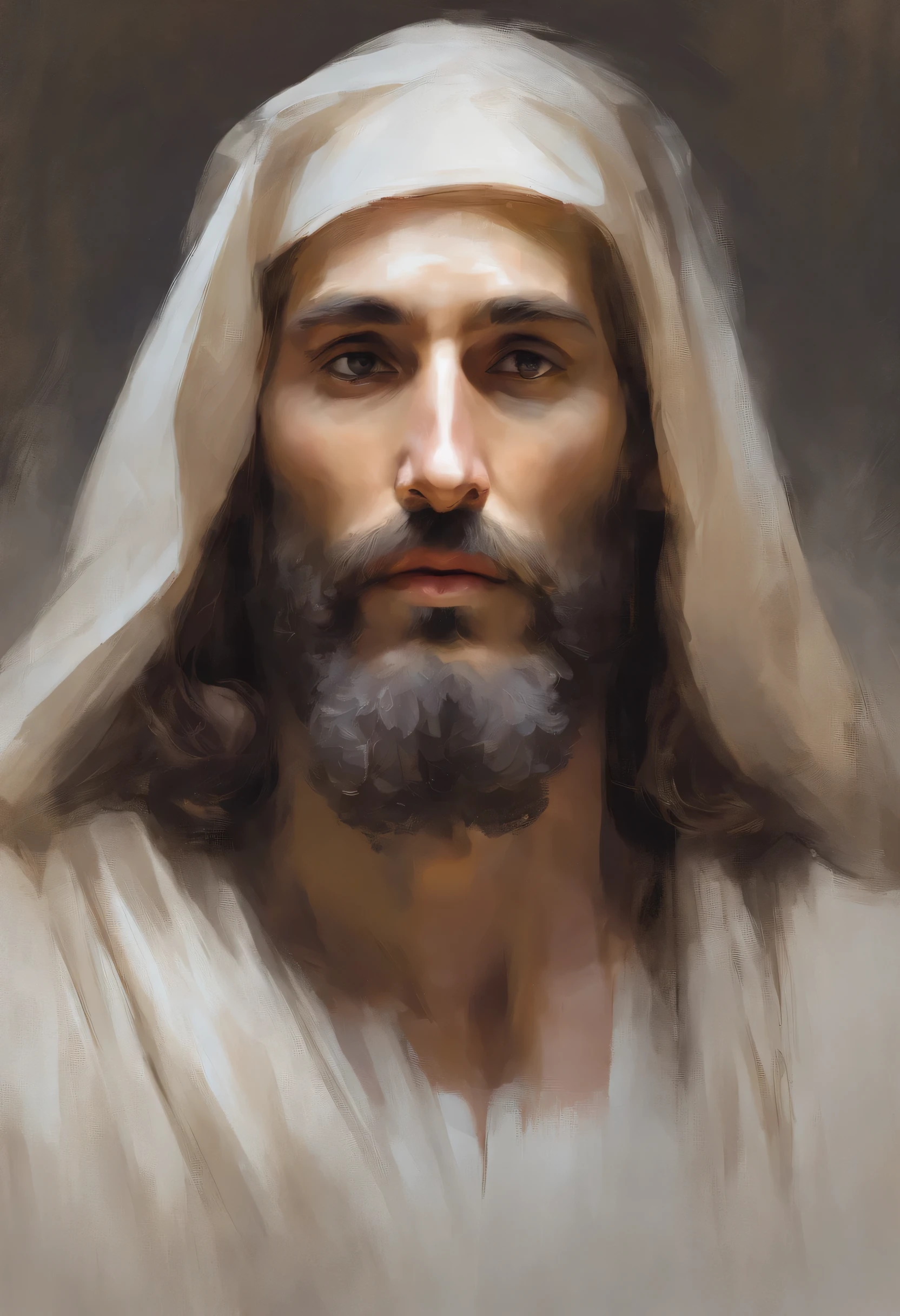 Jesus Christ with an Arab physiognomy would have dark, slightly wavy hair, possibly with a full, well-groomed beard. His eyes would be almond-shaped and dark, with thick eyebrows. The face shape would be oval, with slightly protruding cheekbones. The nose would be straight and medium in size, with subtle nostrils. The lips would be full and symmetrical, with a soft and comforting smile. The skin would have a slightly dark tone, with delicate and soft features. He could be dressed in a simple robe, reflecting the simplicity and humility associated with his figure, realistic,by Diego Velázquez,Peter Paul Rubens,Rembrandt,Alex Ross,8k,Concept Art, PhotoRealistic, Realistic, Illustration, Oil Painting, Surrealism, HyperRealistic, brush brushes, Digital art, style, watercolor