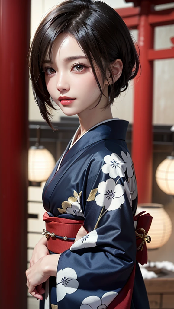 ((japanese kimono))、Snowy Japanese shrine background、(cowboy shot:1.3)、(UHigh resolution, retina, masterpiece, Accurate, Anatomically correct, Textured skin, Super detailed, Attention to detail, high quality, 最high quality, High resolution, 1080p, High resolution, 4K, 8k, 16K), (Beautiful fine details, Beautiful lip detail, Highly detailed eyes and face), Soft lighting, Physically Based Rendering, Vibrant colors, (Shiny Hair, Shiny skin), (Bokeh), Eye Reflexes,(short hair:1.4)