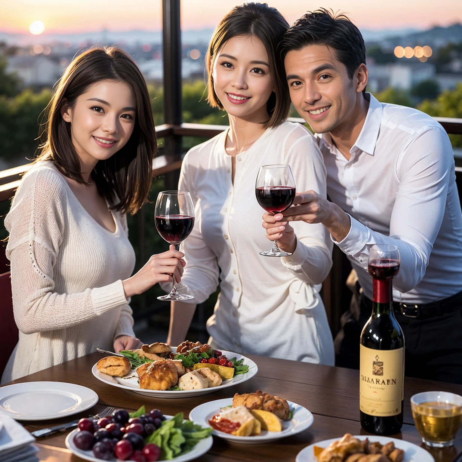 ((Highest quality、8k、masterpiece:1.3))、 (Genuineistic, Genuine、Bright image、Intricate details:1.2), 最高のsmile 男性1人 女性1人、Beautiful Couple、Lovers、Relatives and friends、spouse、actress、Model couple、smile、A full-course dinner with a full table、 (Slim face), (the body is slim), (Brown Hair), (short hair), テーブルのwine glass、Please shine a light on my face、 Amazing view of the sunset sky and clouds、 (3)38 years old, red wine 、Appetizers、Wine bottle、sparkling wine、Long sleeve shirt、dress、White wine, red wine, wine glass,