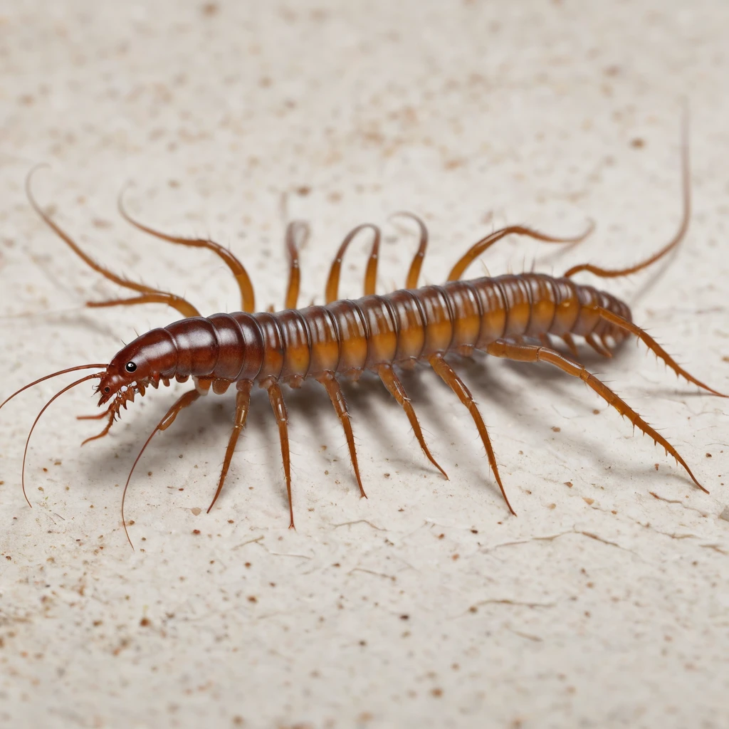 Create an incredibly detailed and accurate portrait of a house centipede. Capture the creature in a close-up view, showcasing its elongated body, numerous delicate legs, and the intricate patterns on its exoskeleton. The centipede should be positioned on a natural surface like a textured leaf or a piece of bark, providing context to its environment. Use high-definition detail to highlight the fine hairs on its legs and the subtle iridescence of its body segments. The background should be softly blurred to keep the focus on the centipede, with natural, earthy tones that complement the centipede's colors. The entire image should evoke a sense of wonder and appreciation for the beauty and complexity of this often-overlooked creature, blending scientific accuracy with artistic elegance to create a captivating and unique portrait.