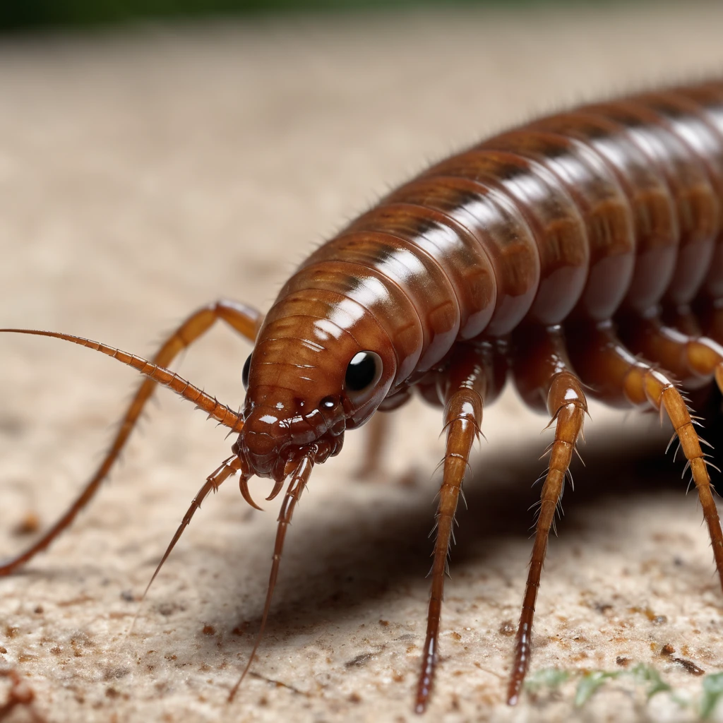 Create an incredibly detailed and accurate portrait of a house centipede. Capture the creature in a close-up view, showcasing its elongated body, numerous delicate legs, and the intricate patterns on its exoskeleton. The centipede should be positioned on a natural surface like a textured leaf or a piece of bark, providing context to its environment. Use high-definition detail to highlight the fine hairs on its legs and the subtle iridescence of its body segments. The background should be softly blurred to keep the focus on the centipede, with natural, earthy tones that complement the centipede's colors. The entire image should evoke a sense of wonder and appreciation for the beauty and complexity of this often-overlooked creature, blending scientific accuracy with artistic elegance to create a captivating and unique portrait.