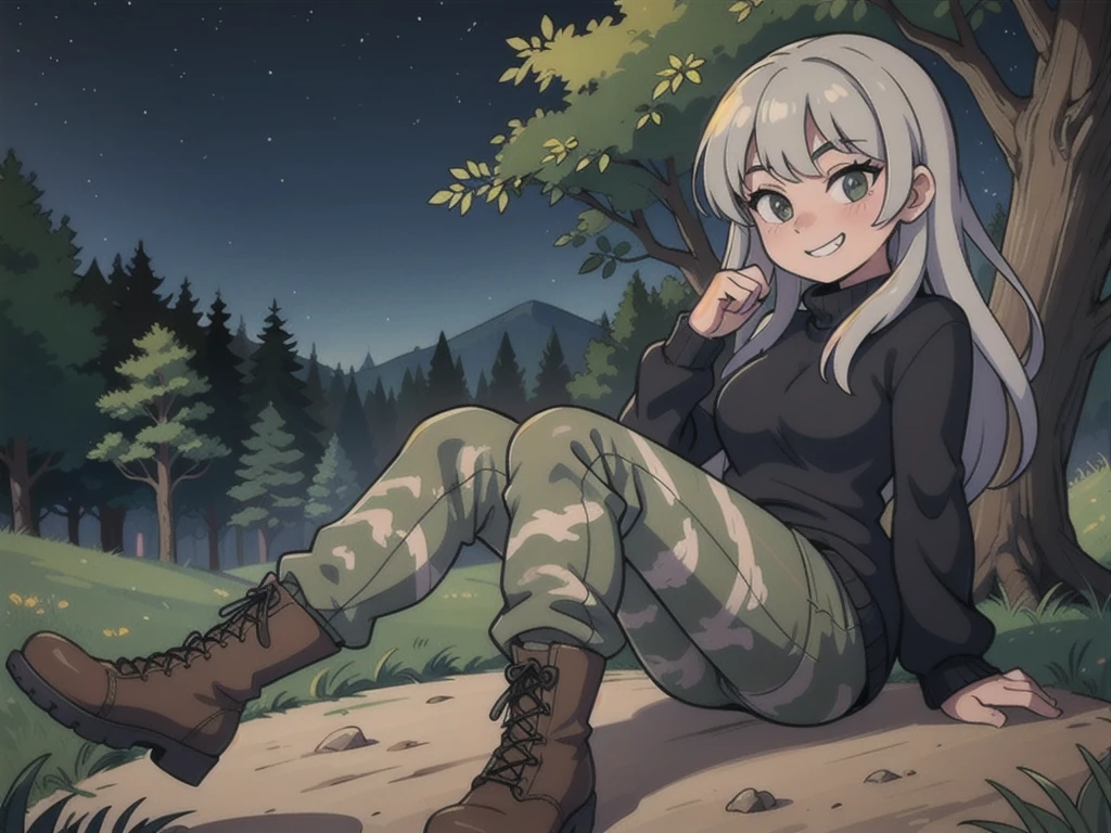  Girl wearing black sweaters, gray camouflage pants, army boots, sitting with a grin and putting on his boots in the forest at night, hands to shoe 