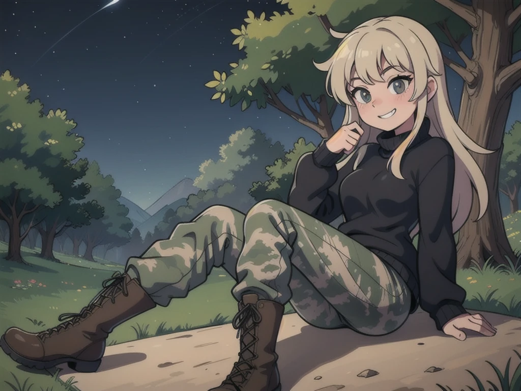 Girl wearing black sweaters, gray camouflage pants, army boots, sitting with a grin and putting on his boots in the forest at night, hands to shoe