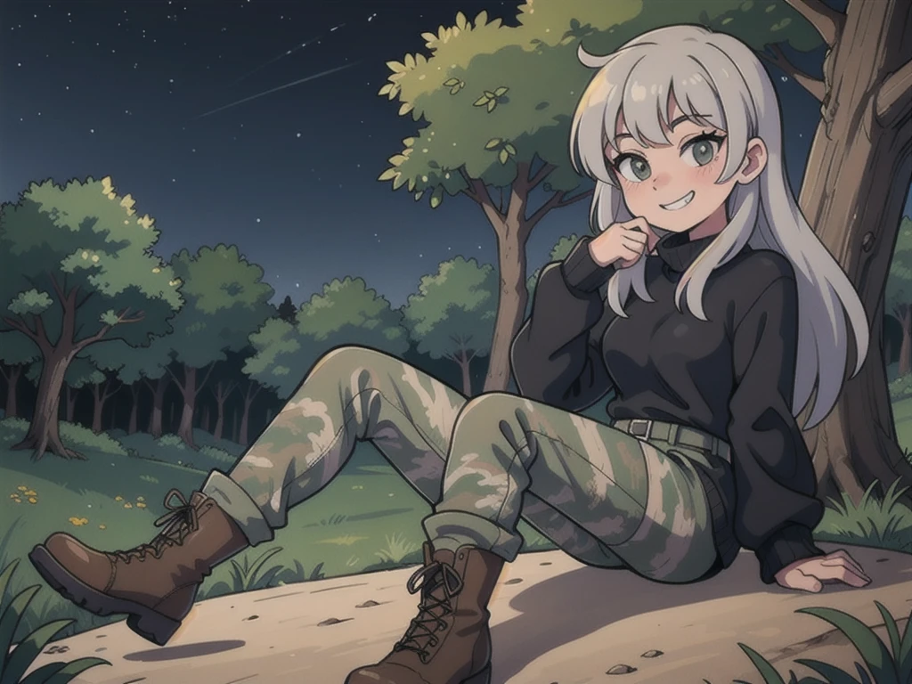 Girl wearing black sweaters, gray camouflage pants, army boots, sitting with a grin and putting on his boots in the forest at night, hands to shoe