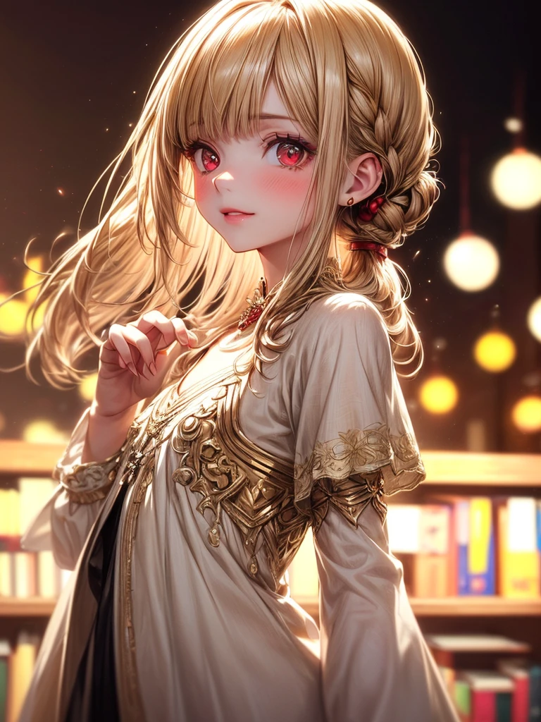(masterpiece),(highest quality:1.2),((Perfect Anatomy)),(Perfect Fingers:1.3),(1 girl),(Flat Chest),highest quality,Blonde ponytail,Blunt bangs,(From the side),(Glancing sideways),Beautiful and detailed red eyes,Beige Capelet Fashion,in library,Disappointed,pastel tones,soft cinematic lighting,Bokeh,Captivating smile