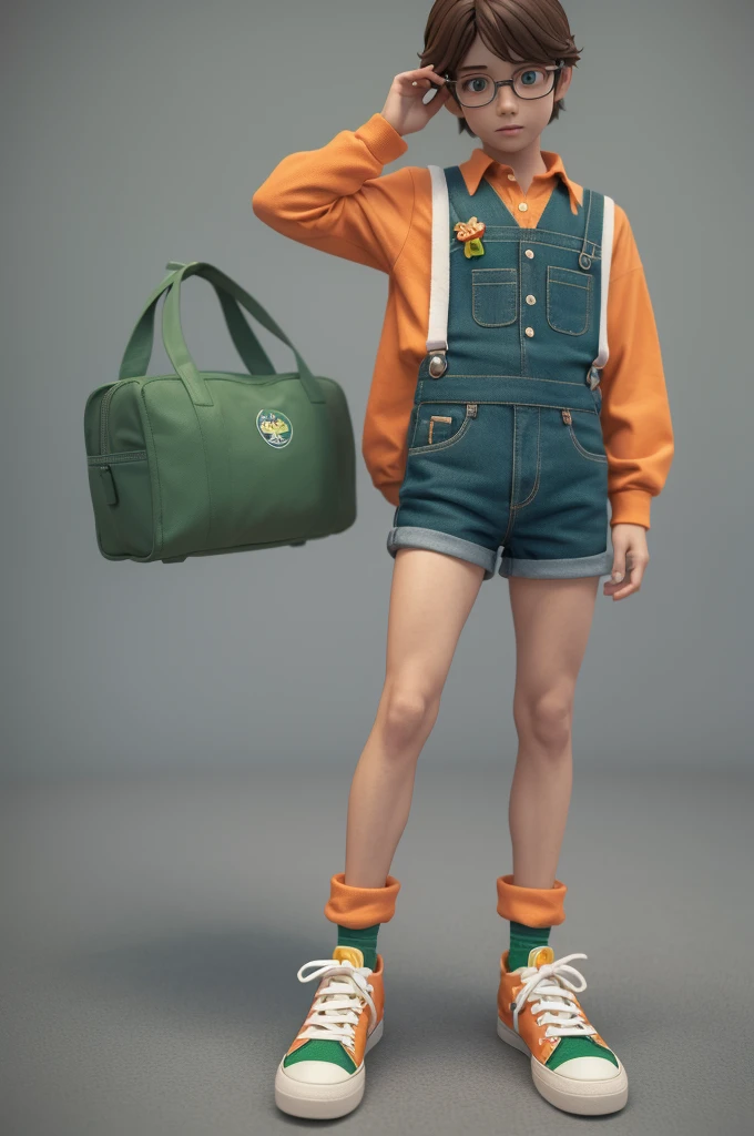 plastic toy，Esquilo cinza in green suspenders and orange shirt，Wear sneakers, Esquilo cinza，personagem de desenho animado fofo, personagens fofinhos, criatura fofa da floresta, estilo de desenho animado, Disney, 。.3D, 。.3D, Escultura,，Disney，Disney。3D renderizado, Modelo 3D