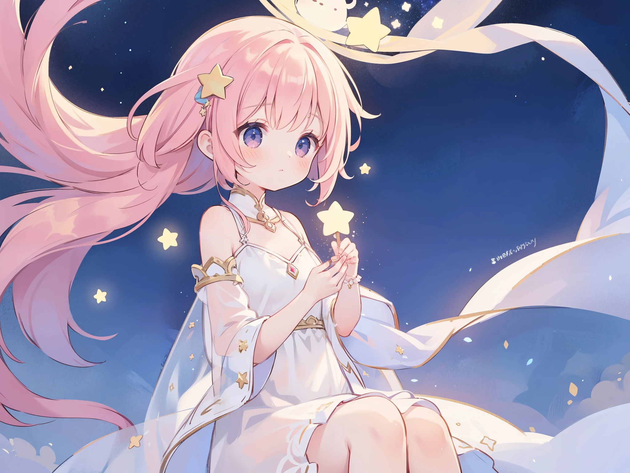 complex background, wishing star background, a woman wearing an ethereal mystical pink translucent dress that reflects the stars, dreamy, peaceful, serene composition, glowing stars, glowing, mystic, complex drawing, highly detailed, ethereal, starry night, midjourney style