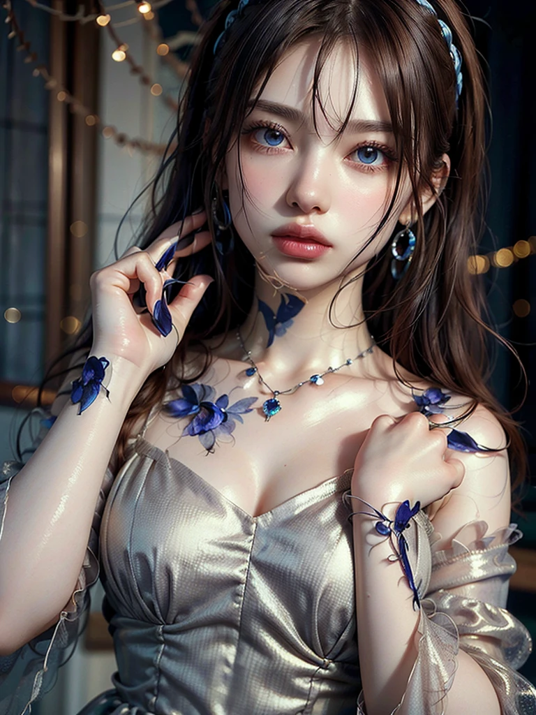 (Skin dents:1.5), Realistic, Realistic, (masterpiece:1.5), Concept Art, Intricate details, Very detailed, Realistic, Octane Rendering, 8k, Unreal Engine, Dynamic pose, Highest quality, High resolution, (Realistic Face:1.1), (超Realistic:1.1), ((full_body)), Perfect Eyes,(Shiny skin:1.2), (((Hairstyle))), (((perfect hand 1.5))), (Very detailed背景), ((Dynamic Background)), (Light), ((fine grain, High quality eyes, High quality face)), (((flowing Hairstyle))), wonderful, Written boundary depth, Bokeh, 4K, ((Gothic 1.5)),, Lightning, Glowing blue iris, (((Gorgeous dress for the evening))),See-through 1.4、Glittering necklace and earrings