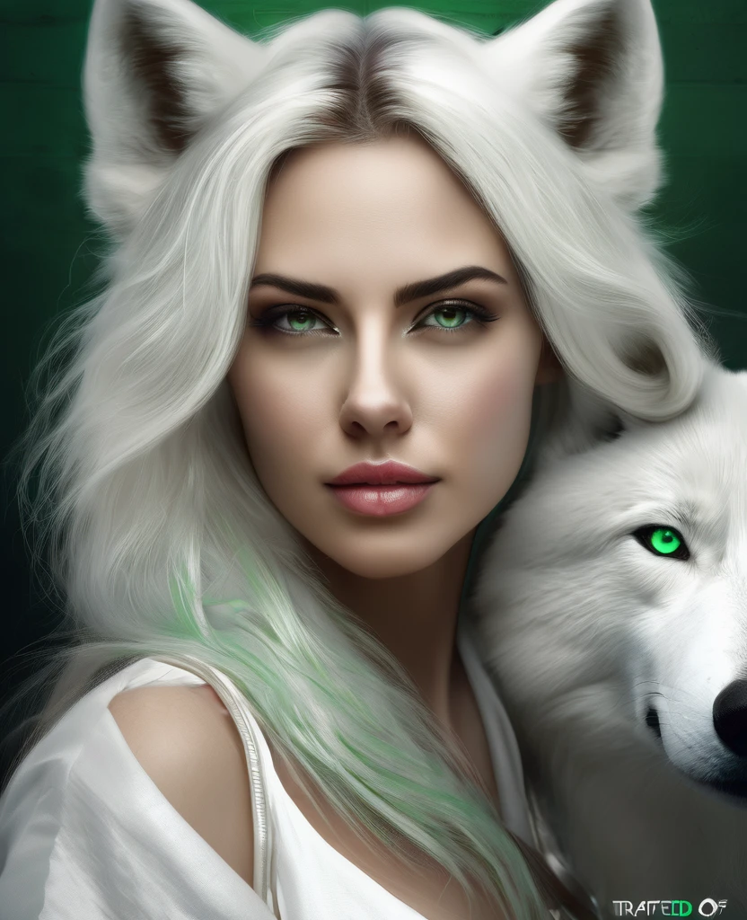 arafed photo of a woman with a white wolf, white wolf, wolfgirl, digital art. photo realistic, realistic digital art, a white wolf, female anthropomorphic wolf, photorealistic digital art, in style of wlop, fantasy wolf portrait, wolf like a human, realistic picture, photorealistic art style, white wolf with green eyes
