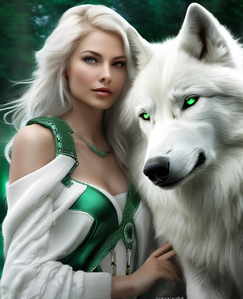 arafed photo of a woman with a white wolf, white wolf, wolfgirl, digital art. photo realistic, realistic digital art, a white wolf, female anthropomorphic wolf, photorealistic digital art, in style of wlop, fantasy wolf portrait, wolf like a human, realistic picture, photorealistic art style, white wolf with green eyes