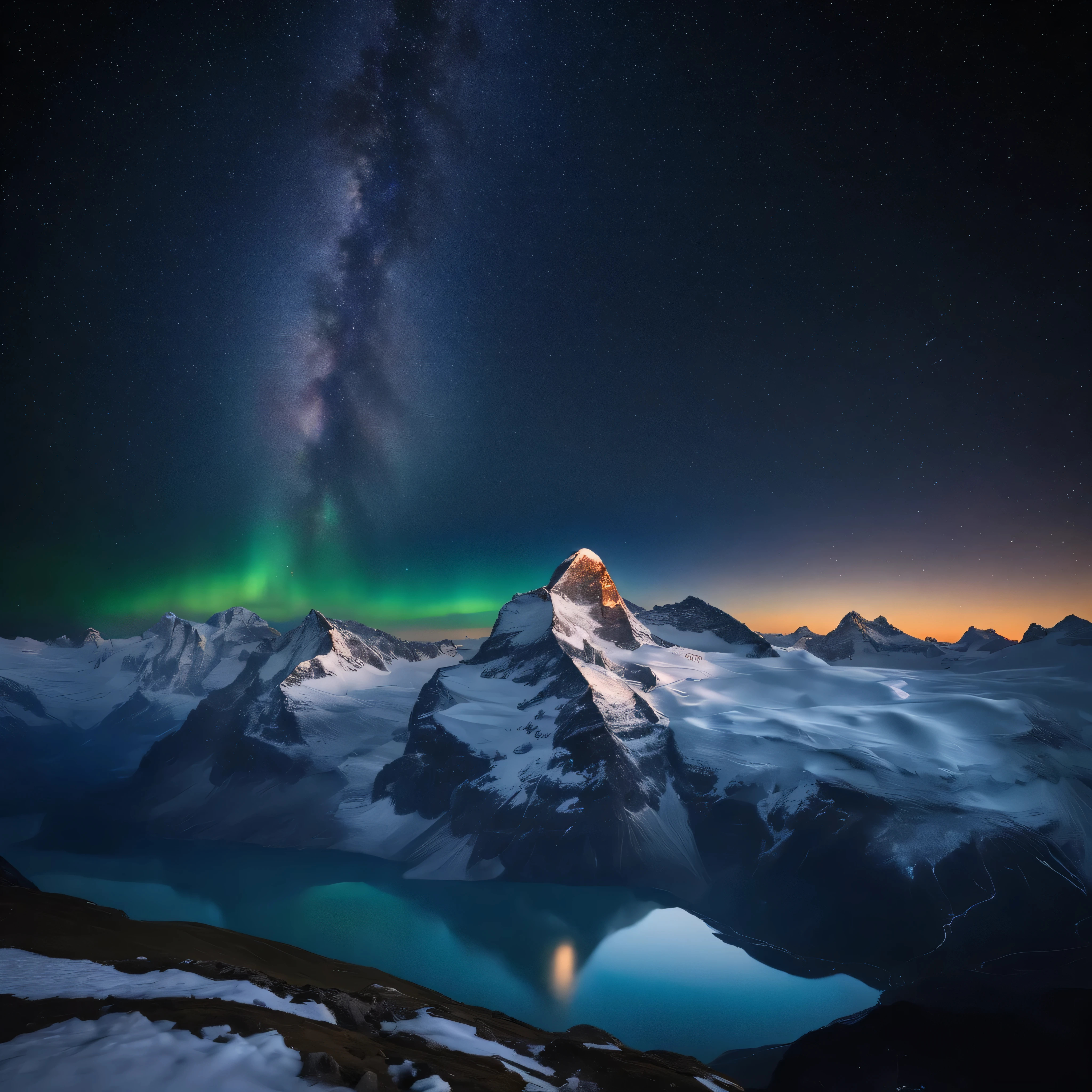 Master Parts、Superior Quality、superior image quality、The 8k quality、Beautiful pictures of the starry sky、magnifica、Arched Milky Way:1.9、snow mountains、Jungfraujoch