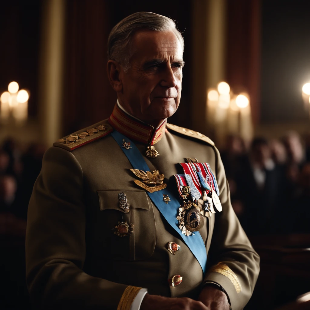 Um presidente usando roupa de general com 6 medalhas 