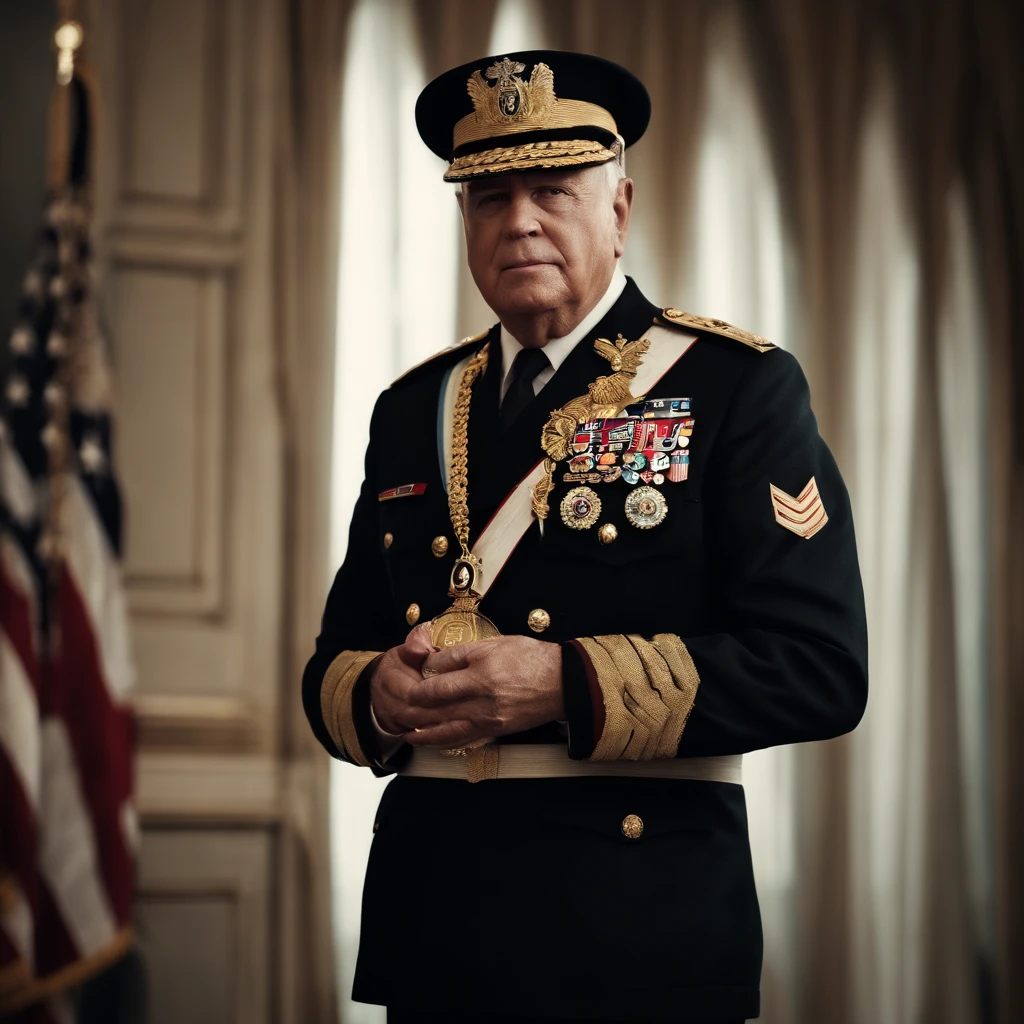 Um presidente usando roupa de general com 6 medalhas