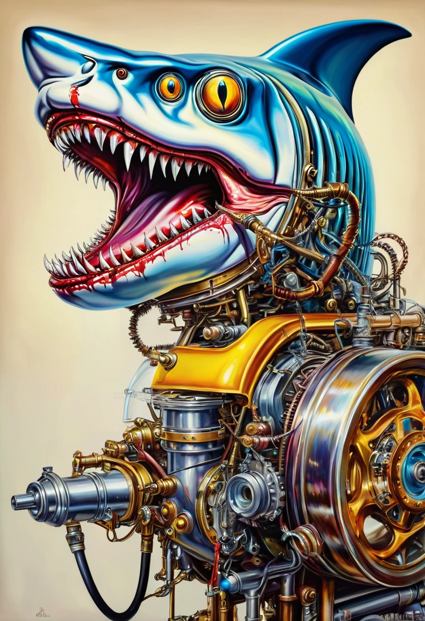 peixe colorido peixe tubarão zombie robot metal  big dangerous shark jaws  color surrealism Salvador Dali matte background melting oil on canvas steampunk engine