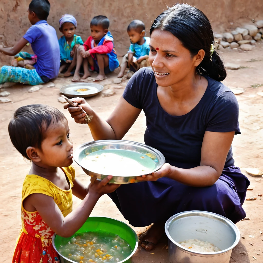 1 adult woman, approx. 30 years old, feeds poor children.
