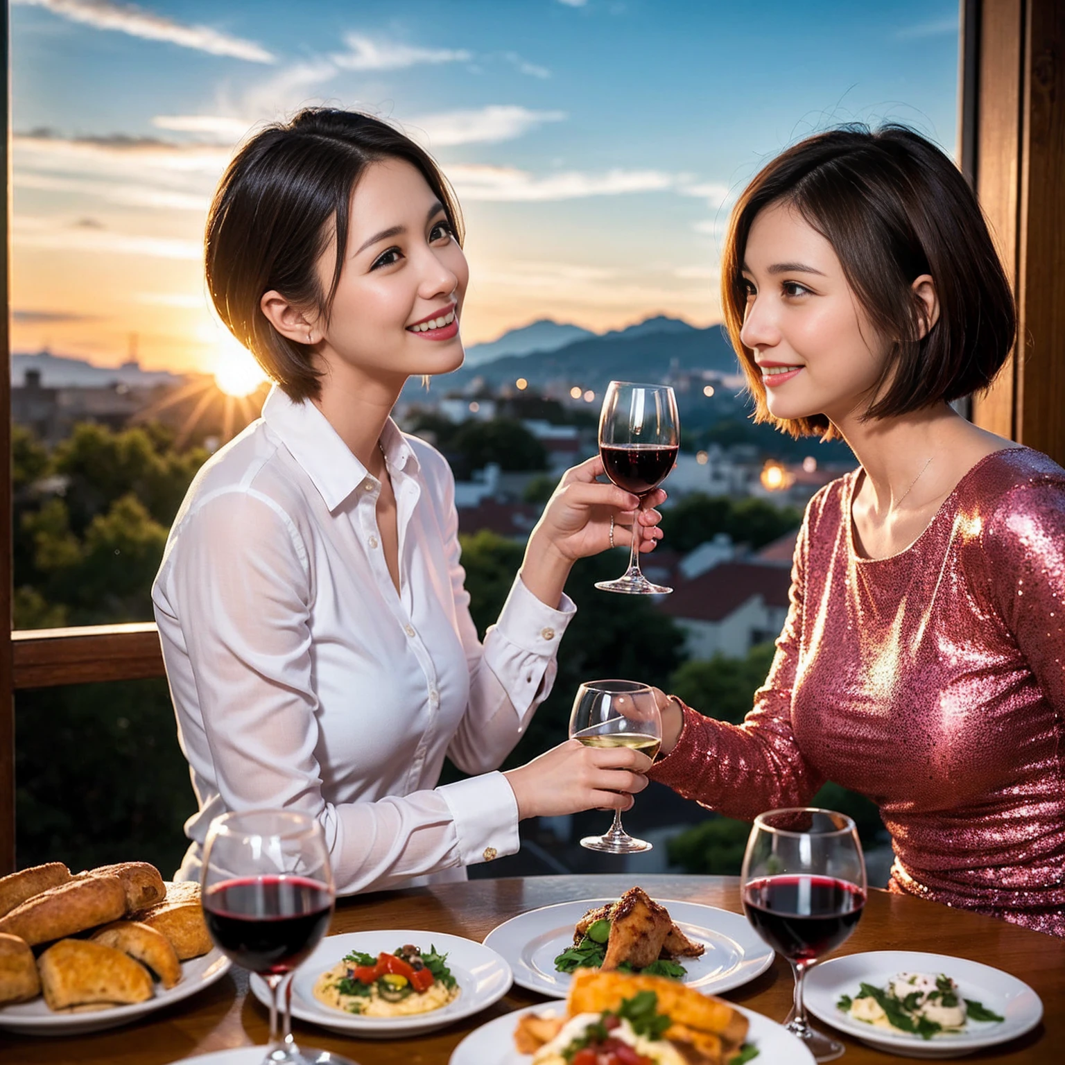 ((Highest quality、8k、masterpiece:1.3))、 (Genuineistic, Genuine、Bright image、Intricate details:1.2), Best smile 1 man 1 woman、Beautiful Couple、Lovers、Relatives and friends、actress couple、couple、Model Couple、Smile、A full-course dinner with a full table、テーブルにwine glass、 (Slim face), (The body is slim), (Brown Hair), (short hair), Please shine a light on my face、 Amazing view of the sunset sky and clouds、 (age 34), 38 years old, red wine 、Appetizers、Wine bottle、sparkling wine、Long sleeve shirt、dress、White wine, red wine, wine glass,