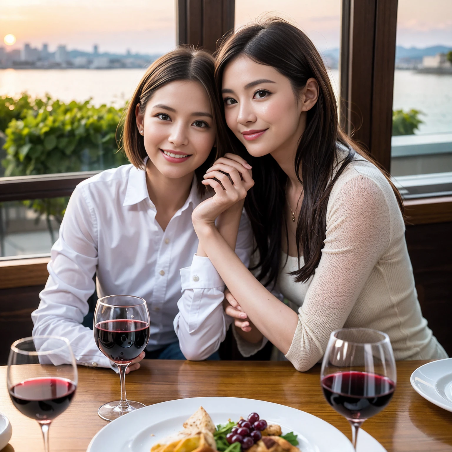 ((Highest quality、8k、masterpiece:1.3))、 (Genuineistic, Genuine、Bright image、Intricate details:1.2), Best smile 1 man 1 woman、Beautiful Couple、Lovers、Relatives and friends、actress couple、couple、Model Couple、Smile、A full-course dinner with a full table、テーブルにwine glass、 (Slim face), (The body is slim), (Brown Hair), (short hair), Please shine a light on my face、 Amazing view of the sunset sky and clouds、 (age 34), 38 years old, red wine 、Appetizers、Wine bottle、sparkling wine、Long sleeve shirt、dress、White wine, red wine, wine glass,
