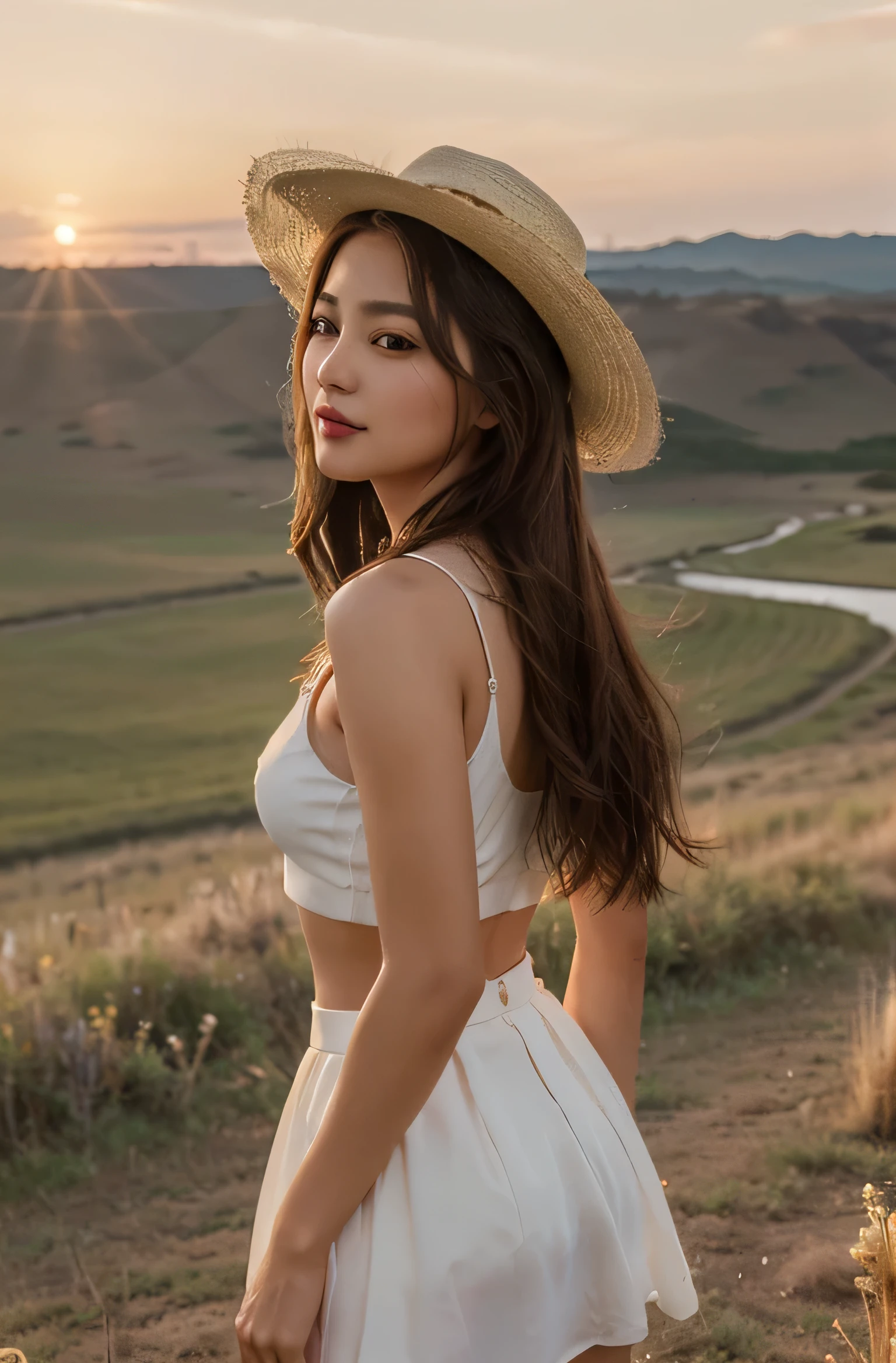 ((top quality、8k、​Masterpiece:1.3))、Extremely delicate and beautiful girl，realistically，Extremely ridiculous，Abstractionism，full-body shot，catch，Extra detailed body，flowing hair，light brown hair，viton hair，beautiful fine hair，Exquisite and beautiful face，Smile，clear eyes， black eyes，white crop top and skirt with black cowboy hat, beautiful clear background，beautiful sky，Ranch, grasslands and river, bloom，very precise details，absurd，very CG，((A very sexy beautiful girl))、thick lips、deep red lip gloss、eye makeup、((24 years:1.5))、sunset sky， Extensive exposure.