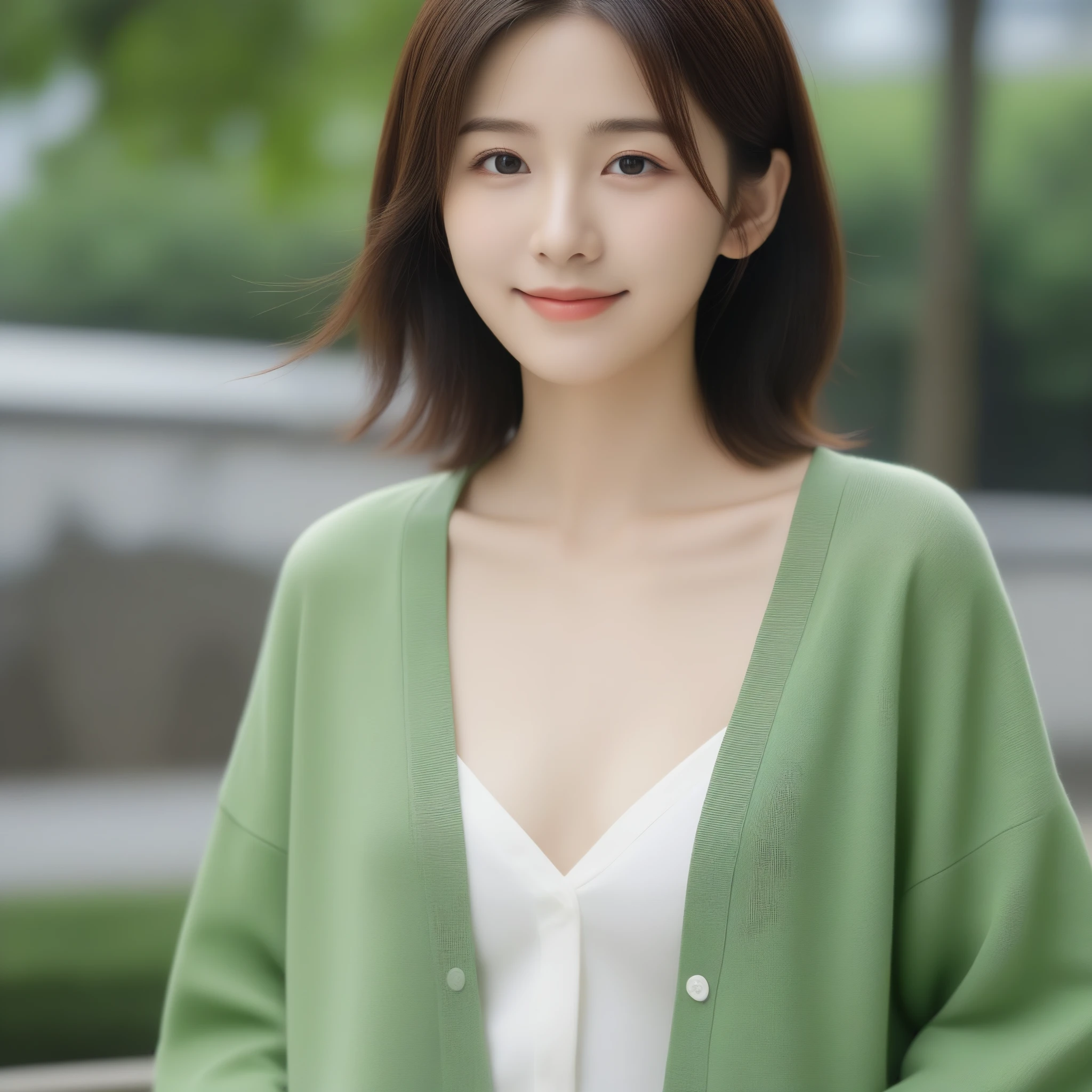 8k, Ultra-high resolution, Highest quality, masterpiece, 三分割法によるphotograph,Surreal, photograph, 1 girl, (16 years old:1.3), pretty girl, Cute face, Beautiful eyes in every detail, 細かくdetailedに,masterpiece,, One Girl:1.2, Japan Female Announcer,Young Wife,Urban area,street tree,green,White shirt,cardigan,Summer knitwear,Full of cleanliness,A carefree smile,Healing the heart,Looking at the audience、beauty,Long neck、Laugh a little、Please close your mouth and laugh、(((Ideal body type))),A-cup small breasts :2,、Portraiture:2、Perfect Anatomy、鮮明なdetailed、detailed、Surreal、Light and shadow,Strong light 