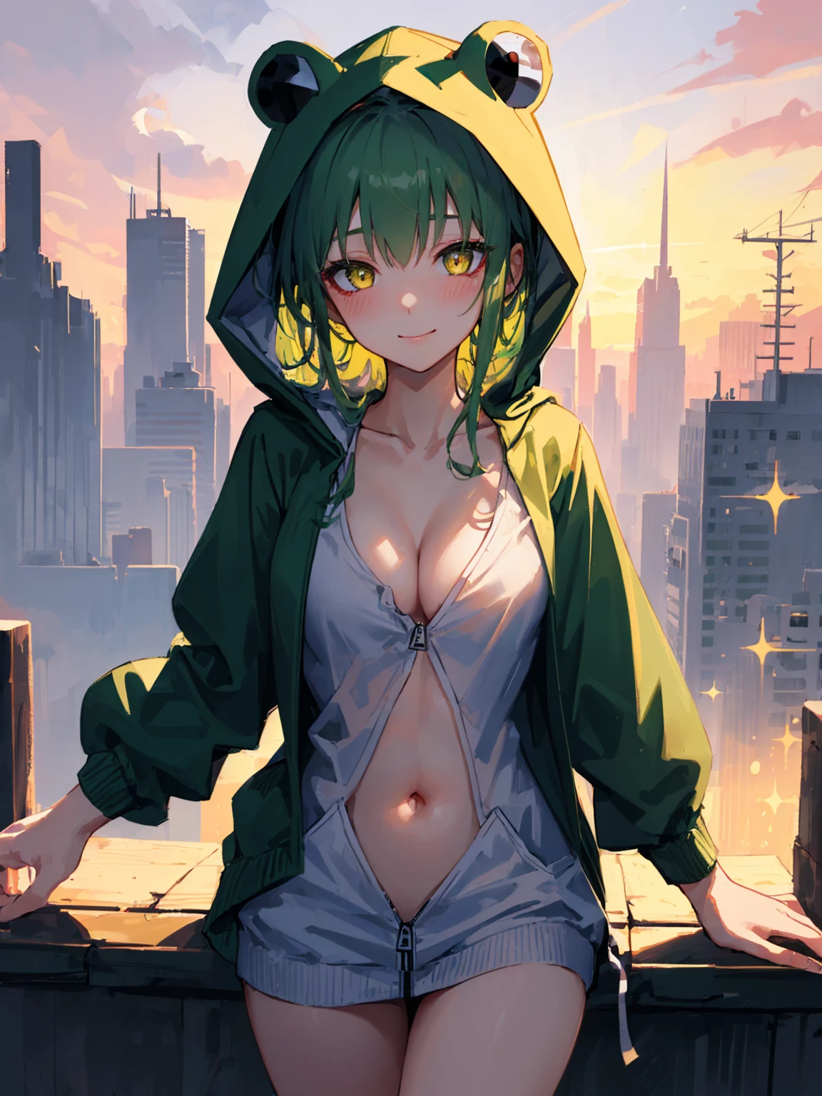 ((masterpiece, best quality)), highres, 8k, cinematic light, high contrast, depth of field, intense glow, detailed background, 1girl, cute, detailed eyes, sparkle in eyes, detailed iris, grin, stylized, (green_hair:1.3), messy hair, luminous, dreamer, dreamy eyes, sleepy, (yellow_eyes:1.3) enchanted green eyes, hood, hoodie, frog hoodie, (frog hood:1.5), froggy, (frog in disguise:1.3), unzipped hoodie, (naked hoodie:1.3), cleavage, exposed body, belly button, no pants, no skirts, bottomless, no shirt, shirtless, (green_hoodie:1.3), cute, cute smile, (blushing:1.3)