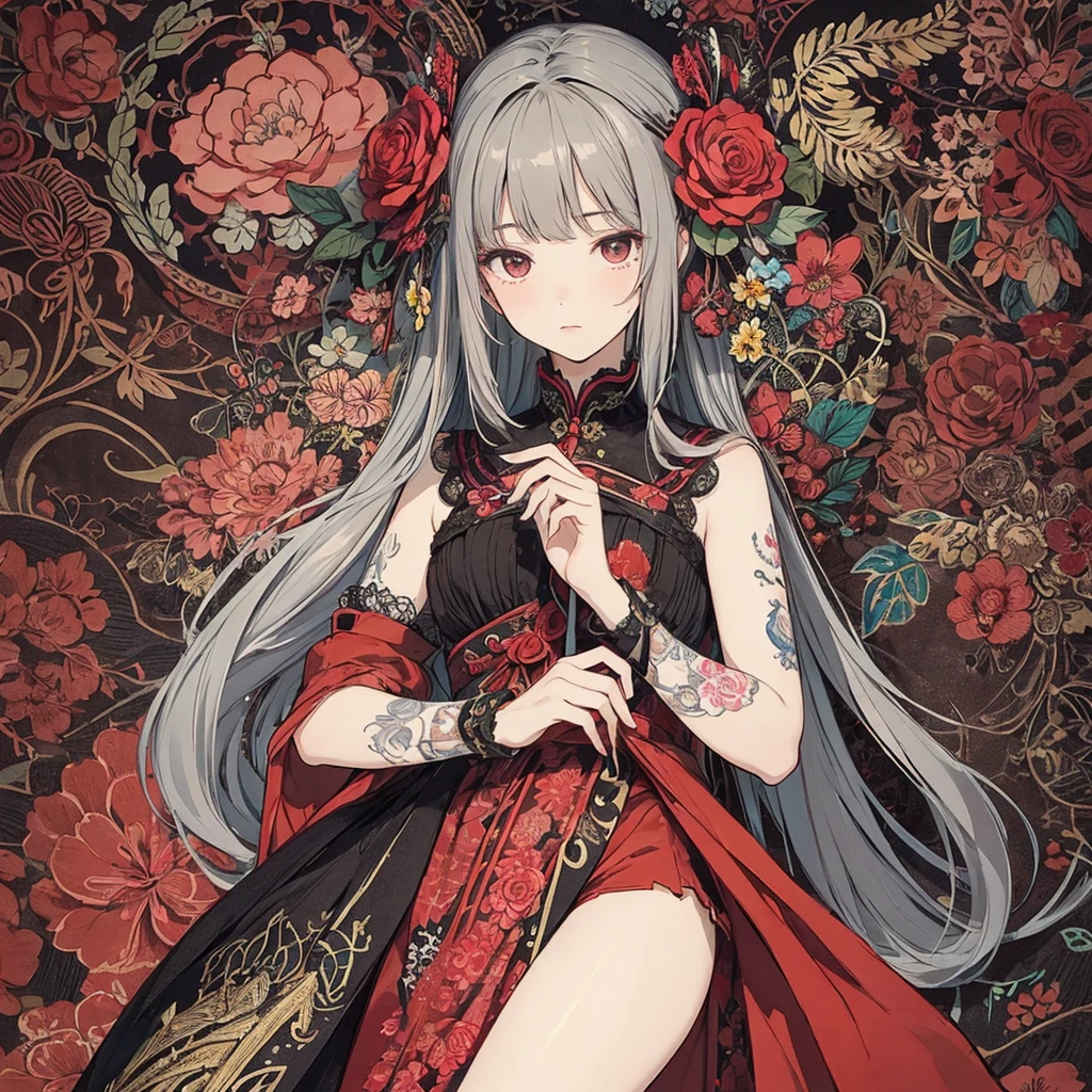 (masterpiece、top-quality、top-quality、Official art、Beautifully Aesthetic:1.2)、(1girl in:1.3)、ighly detailed、(Fractal Art:1.1)、(color:1.1) (florals:1.3)、(line-drawing)、line-drawing、Pen drawing、Zentangle、(Tattoo patterns:1.2)、(complex lines)、(masterpiece)、(top-quality:1.1)、(ultra-detailliert)、The best illustrations、finely detail、hand-drawn high quality、highly contrast、(Clean lines:1.3)、ligne claire、(portlate)、(very closeup:1.1)、girly fashion、antique、Red-black、1 girl in、catss、solo、A girl is surrounded by flowers、(intricate-detail:1.3)、(detailedbackground:1.2)、(coloured background:1.1)、Sketched、intricate-detail、hight resolution、(((Dynamic Action Poses)))