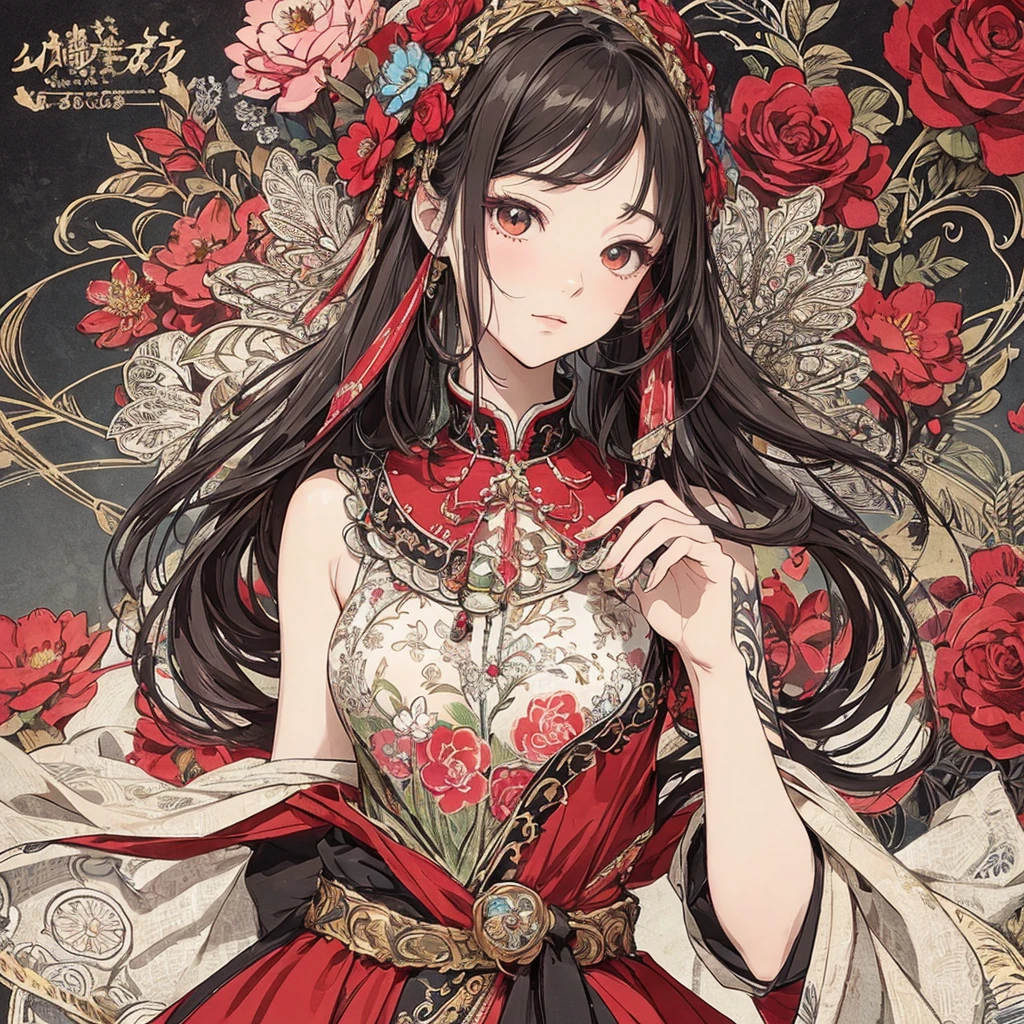 (masterpiece、top-quality、top-quality、Official art、Beautifully Aesthetic:1.2)、(1girl in:1.3)、ighly detailed、(Fractal Art:1.1)、(color:1.1) (florals:1.3)、(line-drawing)、line-drawing、Pen drawing、Zentangle、(Tattoo patterns:1.2)、(complex lines)、(masterpiece)、(top-quality:1.1)、(ultra-detailliert)、The best illustrations、finely detail、hand-drawn high quality、highly contrast、(Clean lines:1.3)、ligne claire、(portlate)、(very closeup:1.1)、girly fashion、antique、Red-black、1 girl in、catss、solo、A girl is surrounded by flowers、(intricate-detail:1.3)、(detailedbackground:1.2)、(coloured background:1.1)、Sketched、intricate-detail、hight resolution、(((Dynamic Action Poses)))